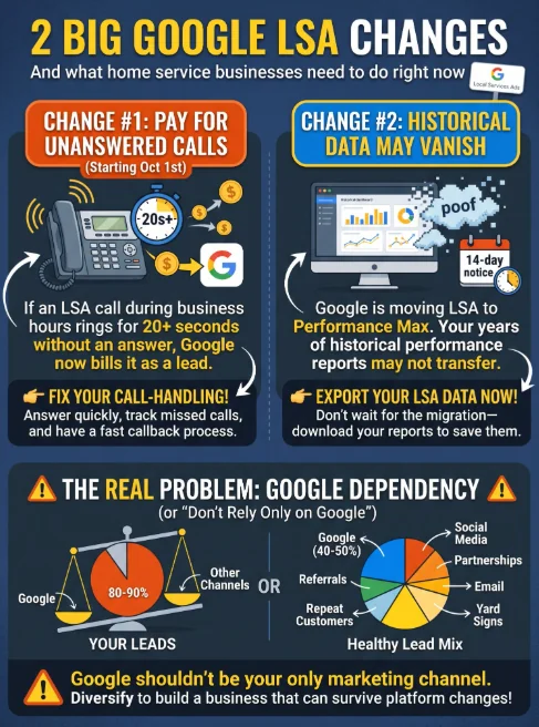 Two big Google LSA changes infographic: pay for unanswered calls after 20 seconds and historical data may vanish in the Performance Max migration
