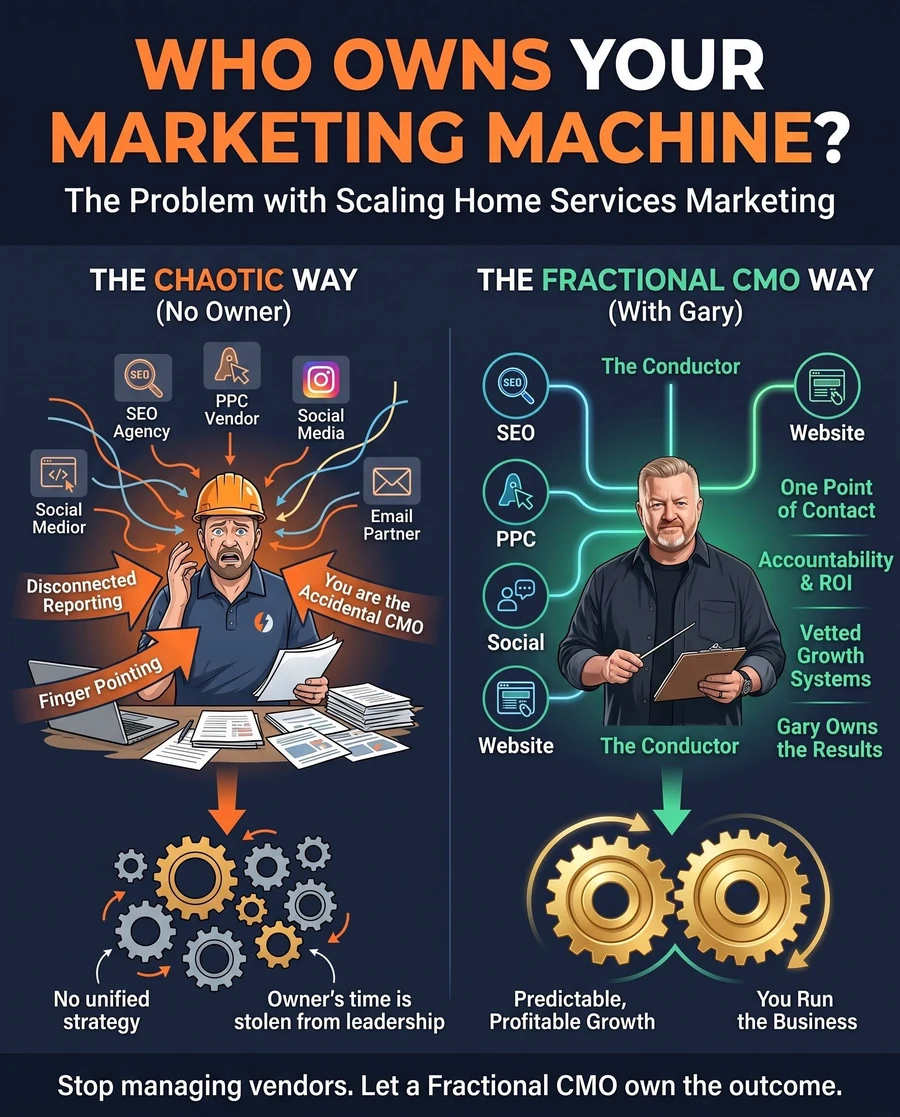 Who owns your marketing machine: the chaotic way with no owner versus the Fractional CMO way where Gary owns the results for home service marketing